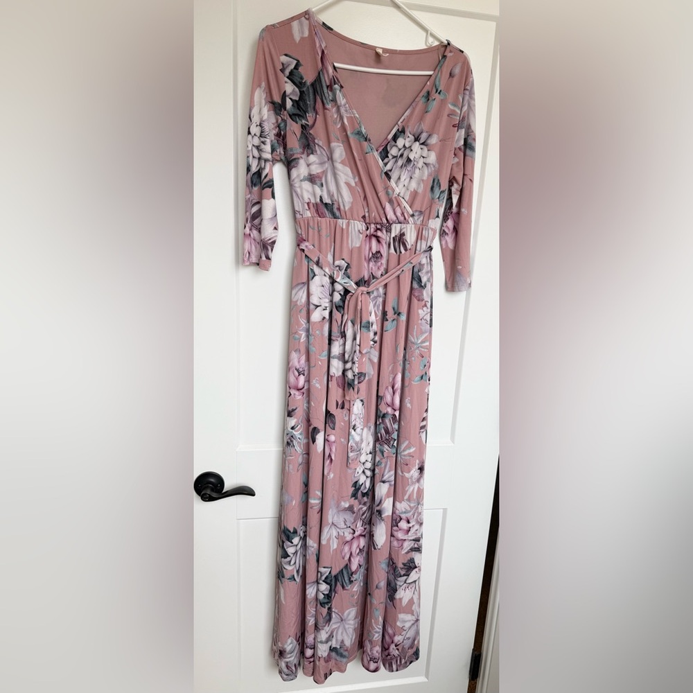 Floral Pink Maxi Dress with Tie Waist